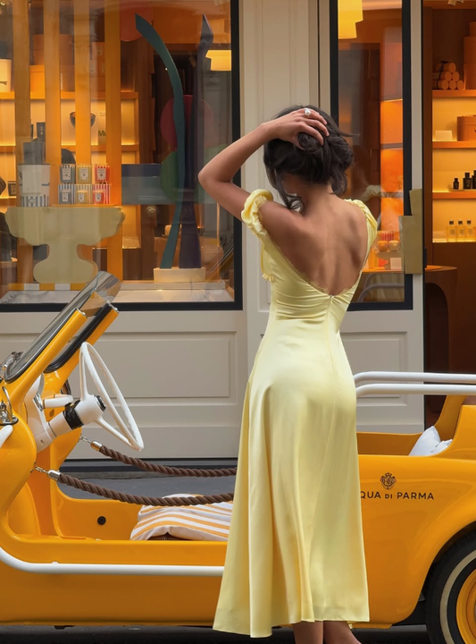 Gentle Yellow A Line Puff Lace Satin Long Prom Dress Party Dress Date Dress SH4004