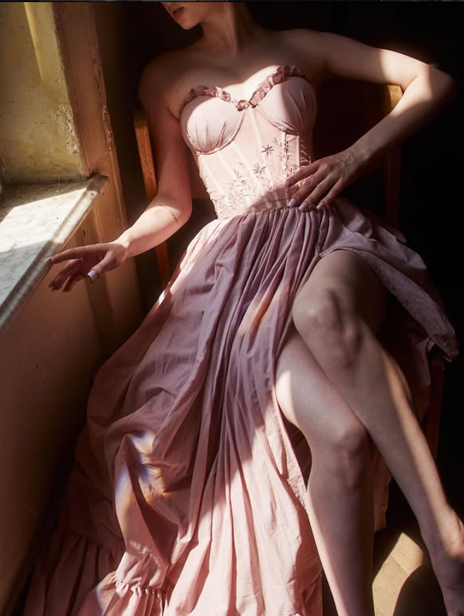 Sweety Pink A Line Long Sleeve Appliques Chiffon Slit Prom Dress Evening Dress SH6689