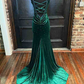 Green V-Neck Velvet Long Mermaid Prom Dress With Beaded SH834