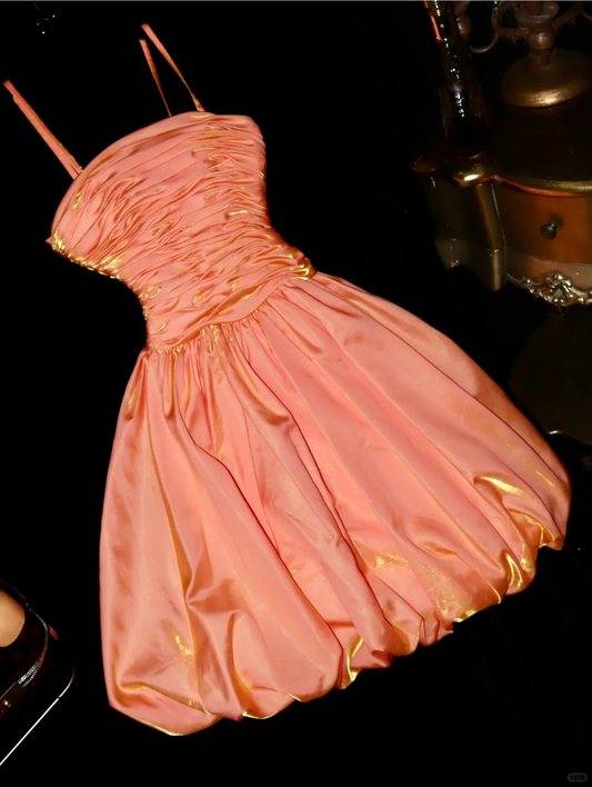 Cute A Line Spaghetti Strap Pleated Orange Satin Short Homecoming Dress Cocktail Dress SH3102