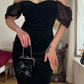 Vintage Sheath Puff Sleeve Black Velvet Knee Length Prom Dress Evening Dress SH6078