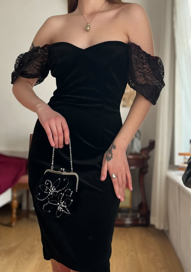 Vintage Sheath Puff Sleeve Black Velvet Knee Length Prom Dress Evening Dress SH6078