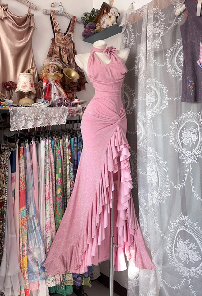 Pink Vintage Mermaid Halter Ruffle Sequin Chiffon Graduation Prom Dress with Slit SH5368