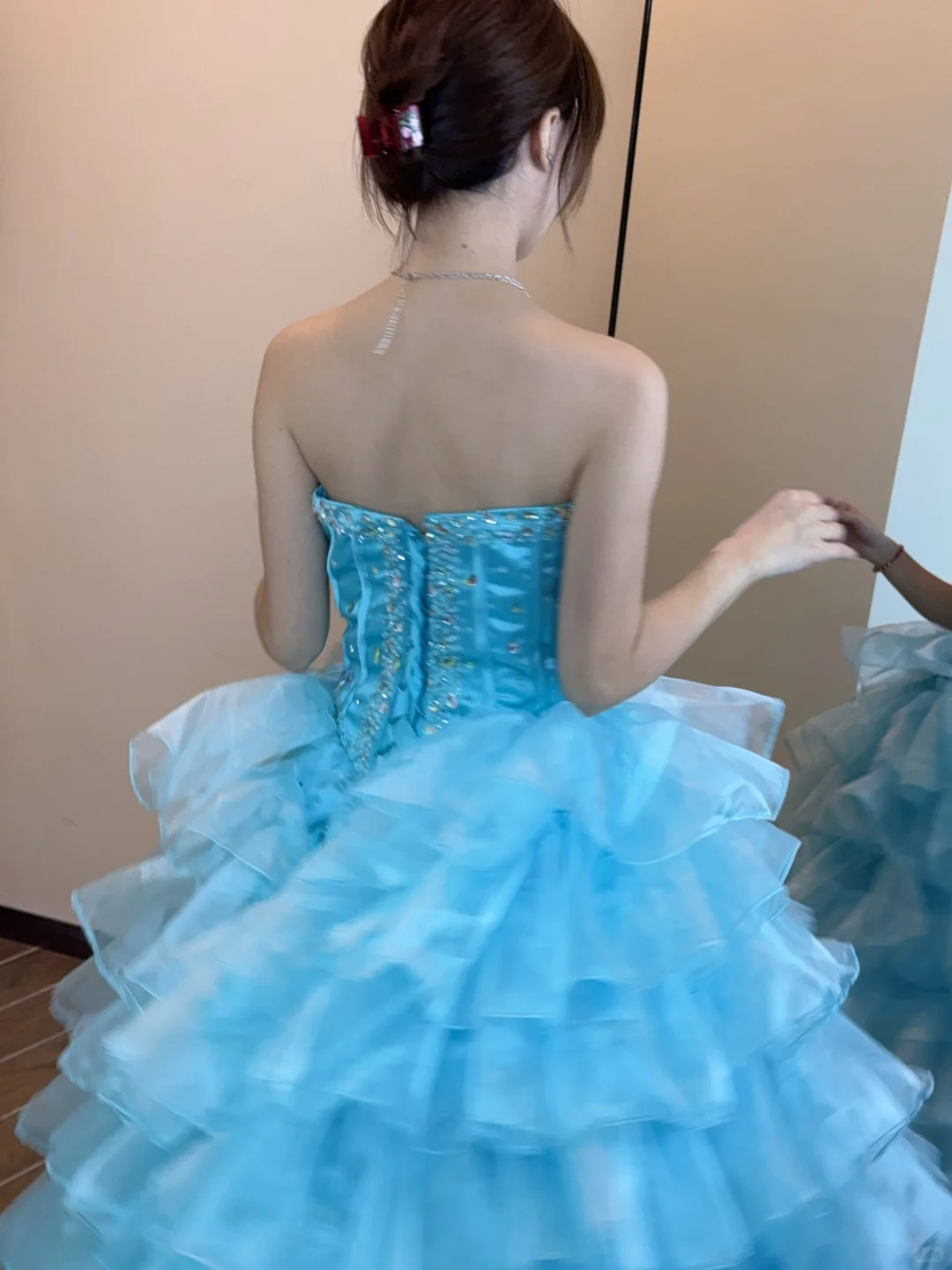Blue Vintage Ball Gown Strapless Beaded Layered Organza Satin Long Prom Dress 16th Birthday Dress SH5213