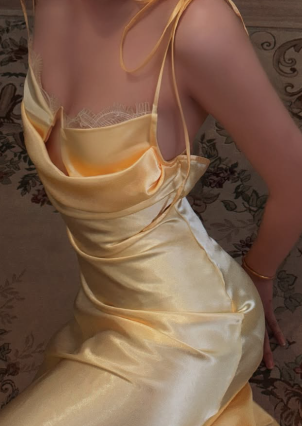 Yellow A Line Spaghetti Strap Lace Satin Prom Dress Evening Dress SH8784