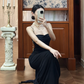 Vintage Sexy Mermaid Spaghetti Straps Black Satin Chiffon Prom Dress Graduation Prom Dress SH5274