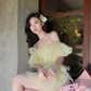 Light Yellow A Line Off the Shoulder Layered Chiffon Satin Short Homecoming Dress Outfits SH6228
