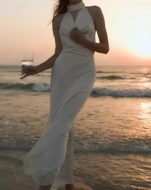 Elegant Mermaid Halter Pearl Ivory Satin Long Evening Dress Party Dress SH3029