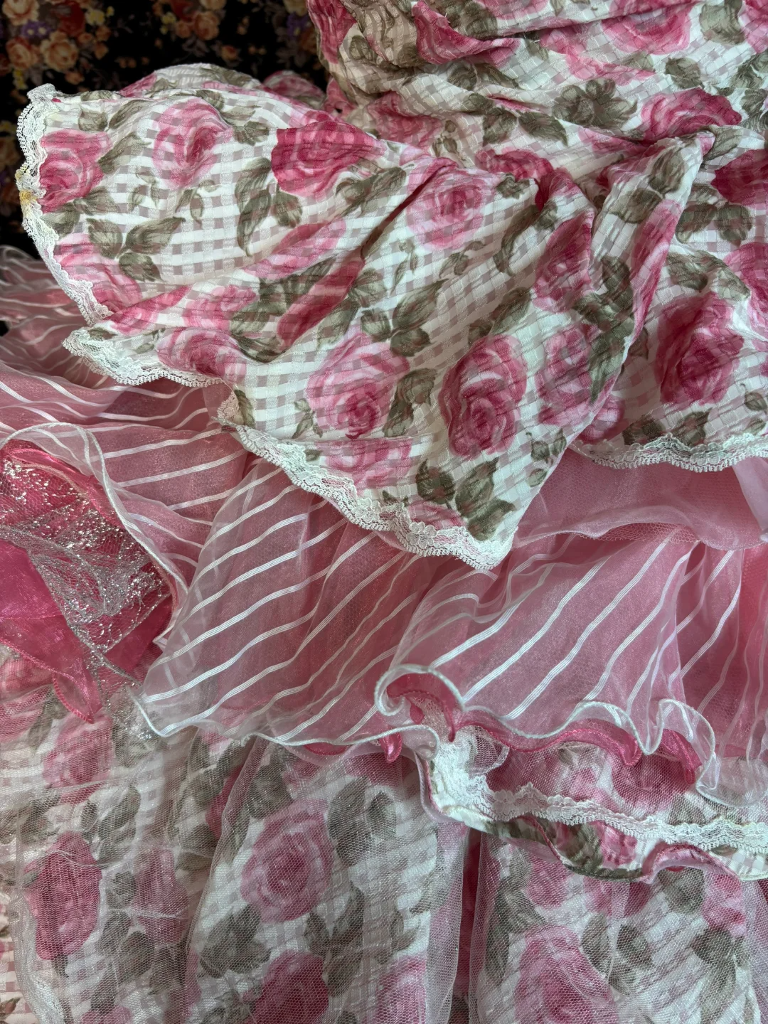 Vintage Pink Print Floral Ball Gown Strapless Layered Tulle Prom Dress Sweet 16 Dress SH5776