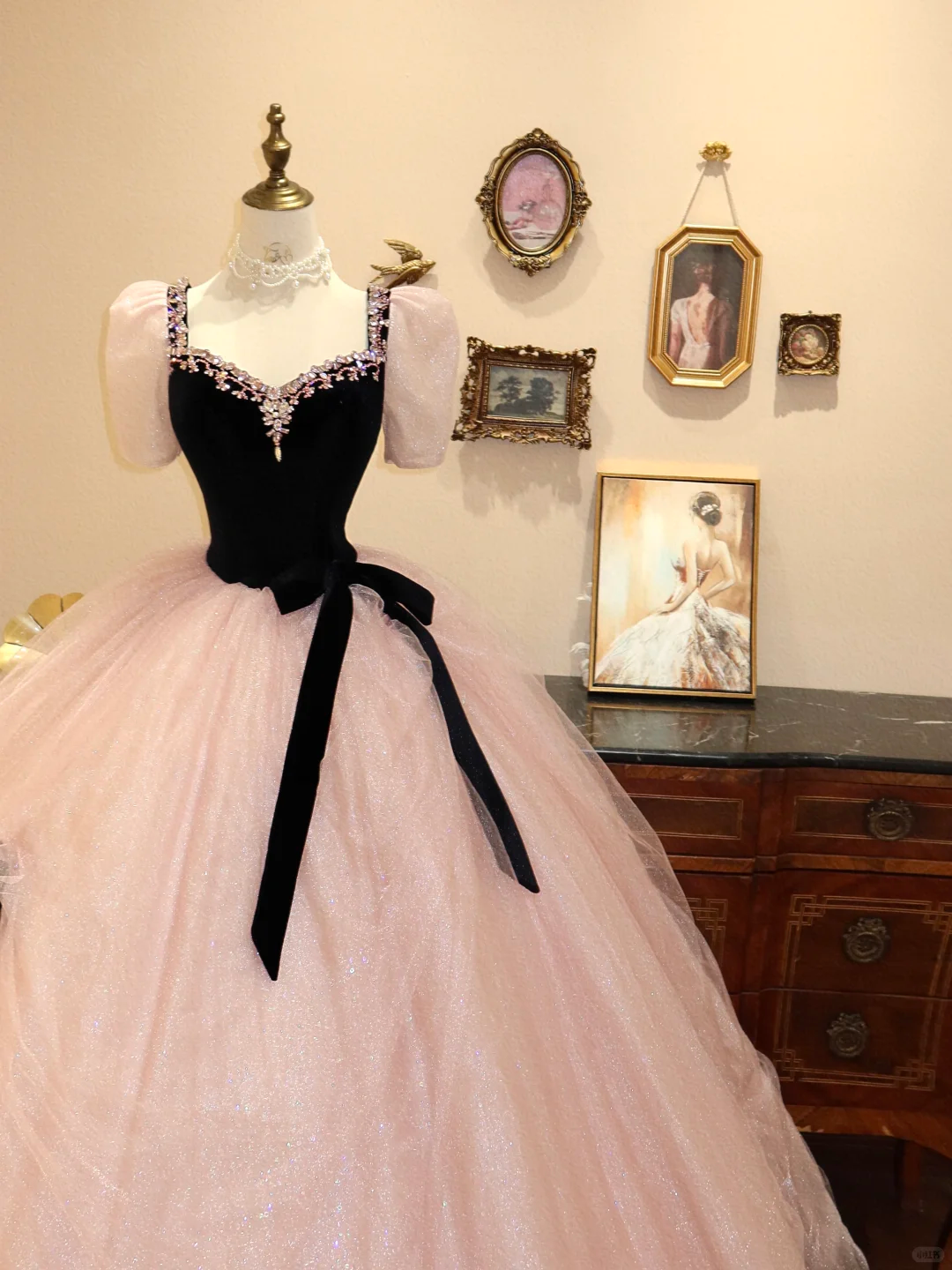 Princess Pink Ball Gown Puff Sleeve Beaded Tulle Long Prom Dress Evening Dress SH7383