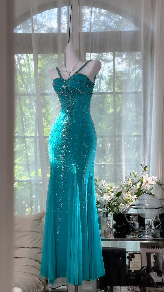 Vintage Peacock Blue Mermaid Spaghetti Strap Beaded Chiffon Prom Dress 22th Birthday Dress SH4414