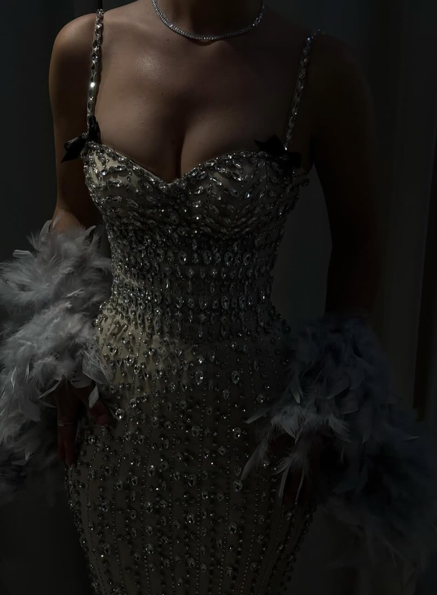 Exquisite Sheath Spaghetti Strap Rhinestone Satin Long Prom Dress Evening Dress SH3513