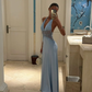 Open Back Elegant Blue Sheath Halter Lace Satin Long Prom Dress Outfits SH4977