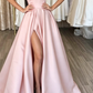Hot Pink A Line Off the Shoulder Satin Prom Dress with Slit SH5464