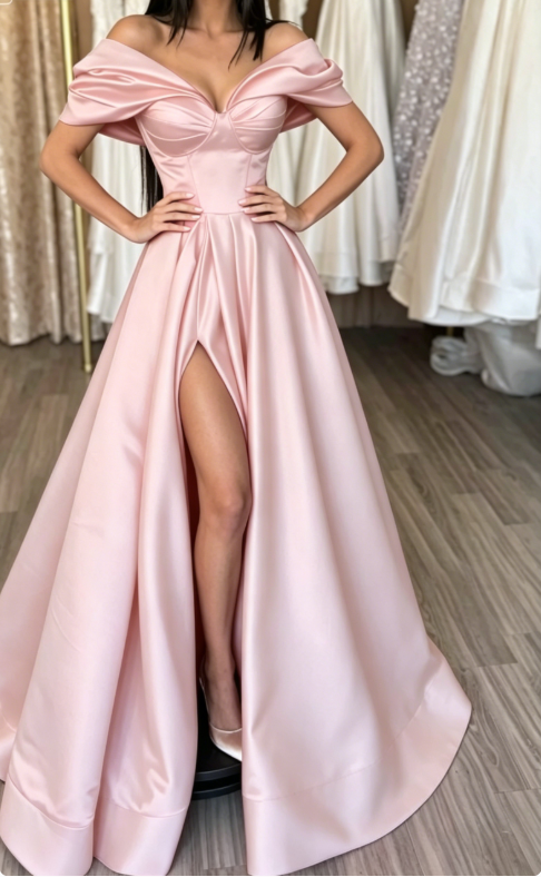 Hot Pink A Line Off the Shoulder Satin Prom Dress with Slit SH5464
