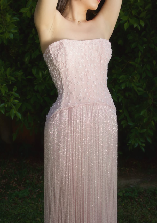 Exquisite Tassel A Line Strapless Beaded Light Pink Satin Long Prom Dress Evening Dress SH6534