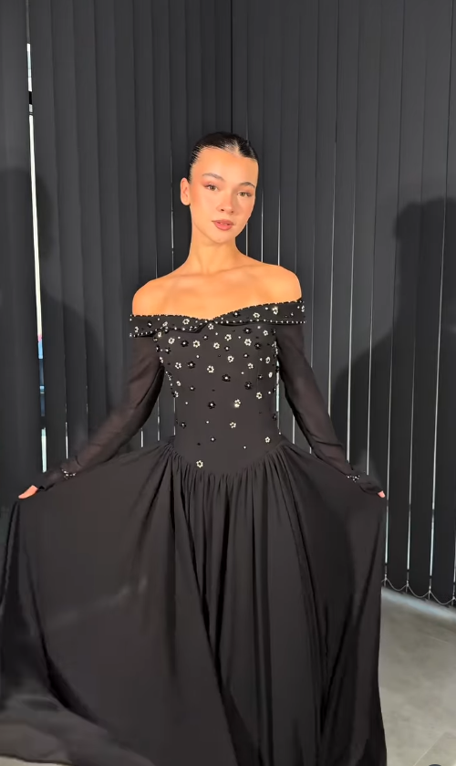 High-class Black A Line Long Sleeve Beaded Chiffon Prom Dress Evening Dress SH6754