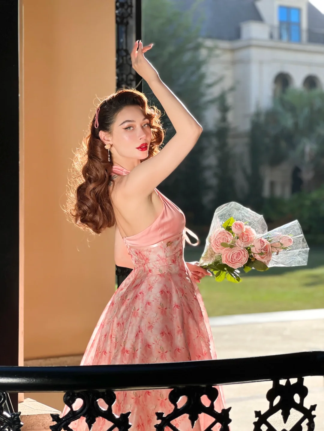 Pink Vintage A Line Halter Print Floral Chiffon Short Homecoming Dress Outfits SH4236