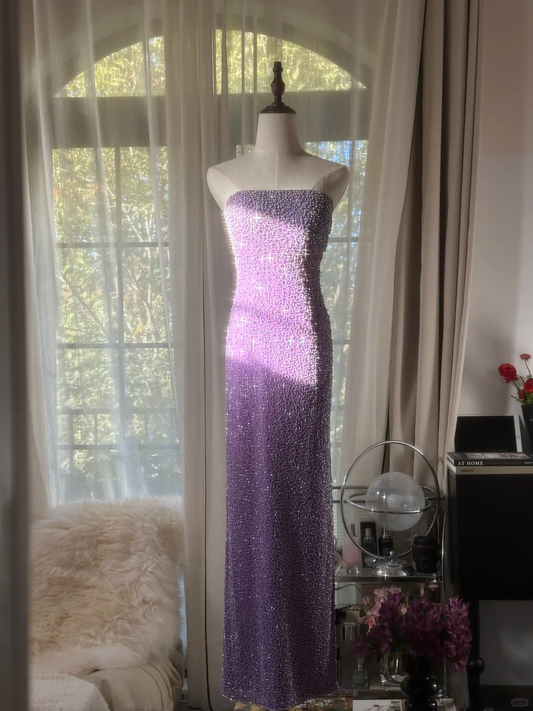 Shiny Sheath Strapless Beaded Purple Chiffon Long Party Dress Evening Dress SH2933