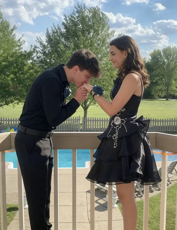 Black Chiffon Beaded Mini Satin Short Prom Dress Homecoming Dress SH10   shinydress