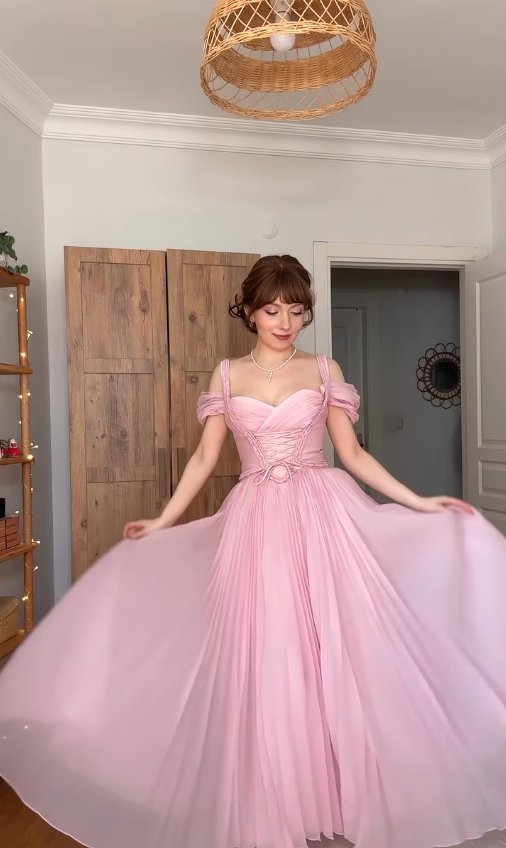 Vintage Pink A Line Off the Shoulder Pleated Chiffon Prom Dress Birthday Dress SH4869