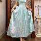 Vintage Blue A Line Straps Print Floral Satin Long Prom Dress with Bow SH5175