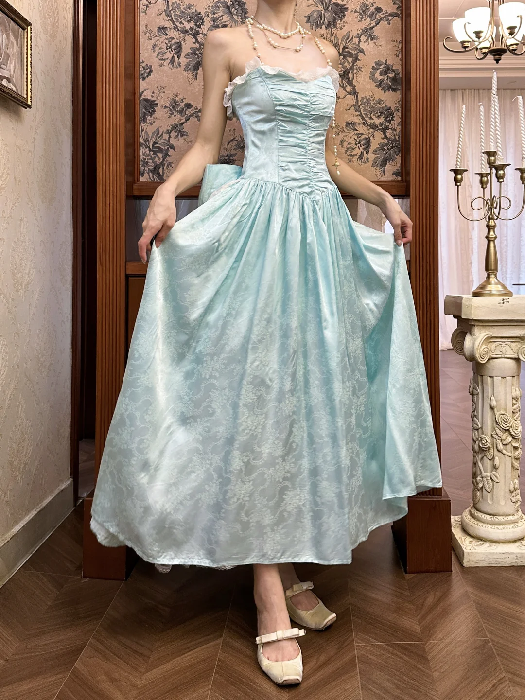 Vintage Blue A Line Straps Print Floral Satin Long Prom Dress with Bow SH5175
