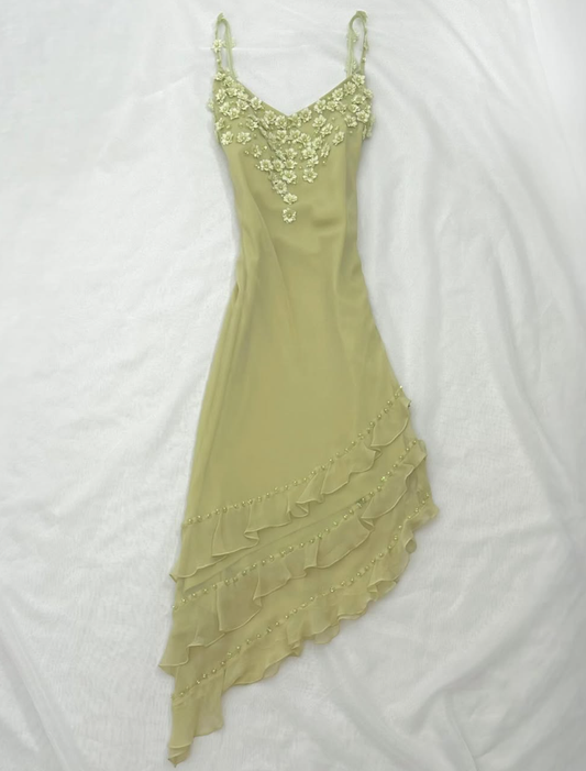 Bean Green Floral A Line Spaghetti Strap Beaded Layered Chiffon Homecoming Dress Party Dress SH3568