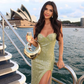 Shiny Green Sheath Spaghetti Strap Sequin Open Back Prom Dress Evening Dress with Slit SH4044