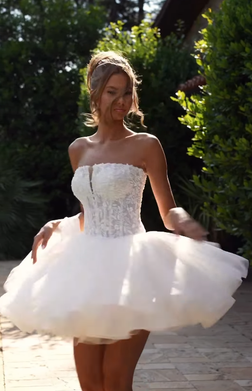 White Cute A Line Strapless Lace Tulle Short Prom Dress Homecoming Dress SH4780