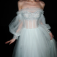 Pretty A Line Puff Sleeve Foggy Blue Tulle Long Prom Dress SH5554