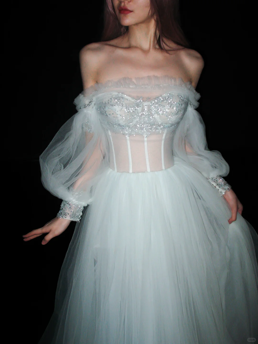 Pretty A Line Puff Sleeve Foggy Blue Tulle Long Prom Dress SH5554
