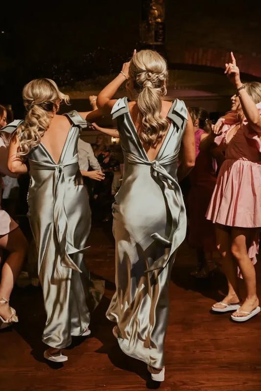 Sheath V Neck Sage Green Silk Satin Bridesmaid Dress with Bow SH6293