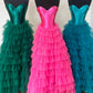 Black A Line Sweetheart Neck Layered Satin Tulle Long Wedding Guest Dress Evening Dress with Slit SH2920