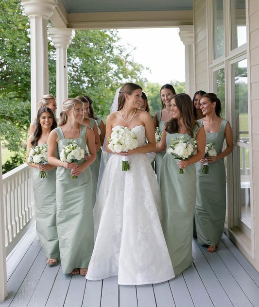 Simple Sage Green Sheath Straps Satin Long Bridesmaid Dress SH6311
