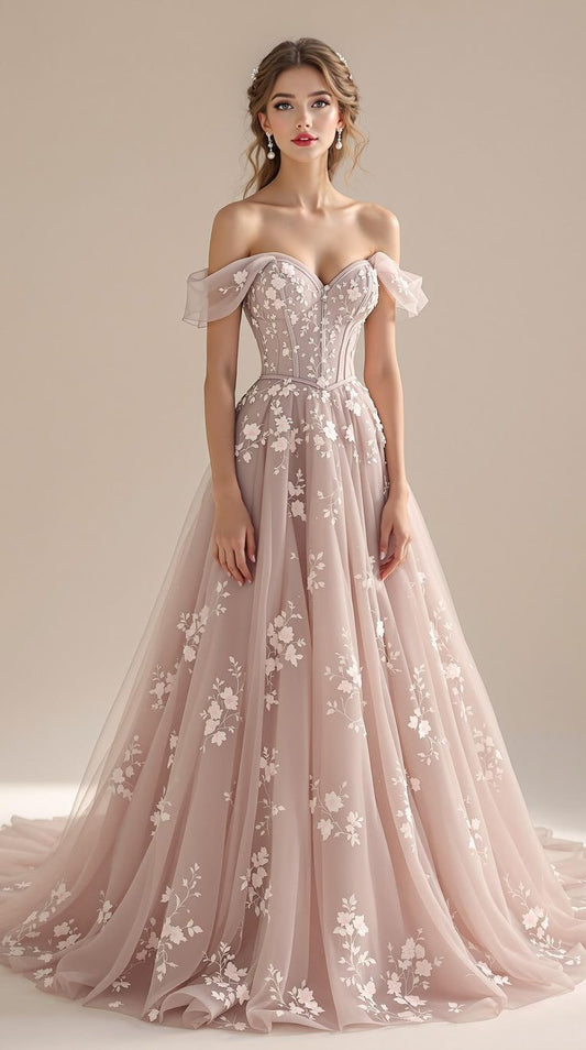 Classic Cool Pink A Line Off the Shoulder Appliques Tulle Prom Dress 16th Birthday Dress SH4278