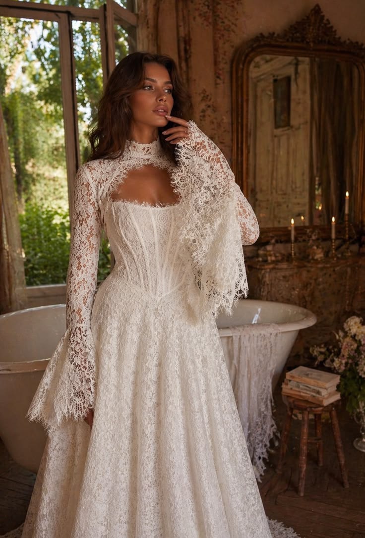 Stunning Ball Gown Two Piece Long Sleeve Corset White Lace Long Wedding Dress SH7093