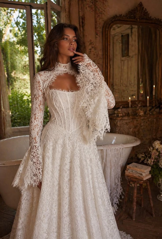 Stunning Ball Gown Two Piece Long Sleeve Corset White Lace Long Wedding Dress SH7093
