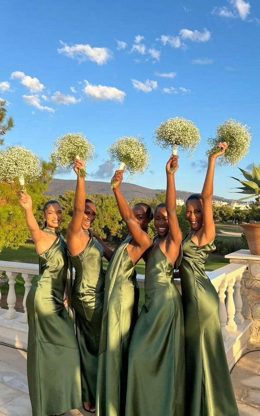 Simple Olive Green Sheath Halter Satin Long Bridesmaid Dress SH6312
