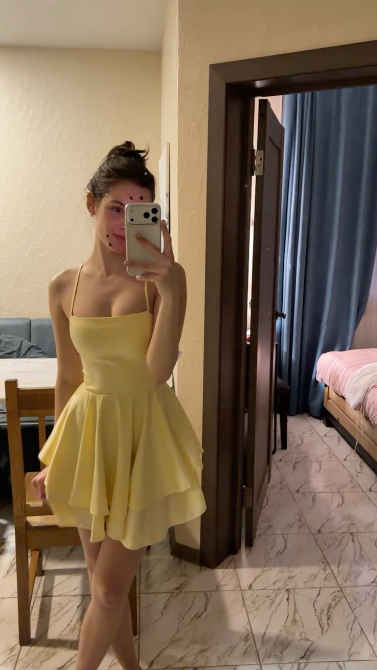 Simple Yellow A Line Spaghetti Strap Satin Short Prom Dress Homecoming Dress SH8649