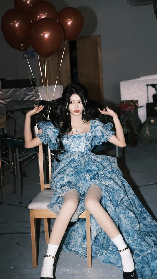 Romantic A Line Puff Sleeve Print Flower Blue Chiffon Party Dress Evening Dress with Slit SH2866