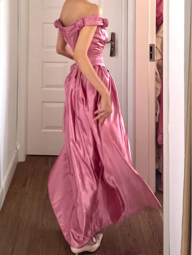 Vintage Pink 3D Floral A Line Off the Shoulder Satin Long Prom Dress Evening Dress SH6901
