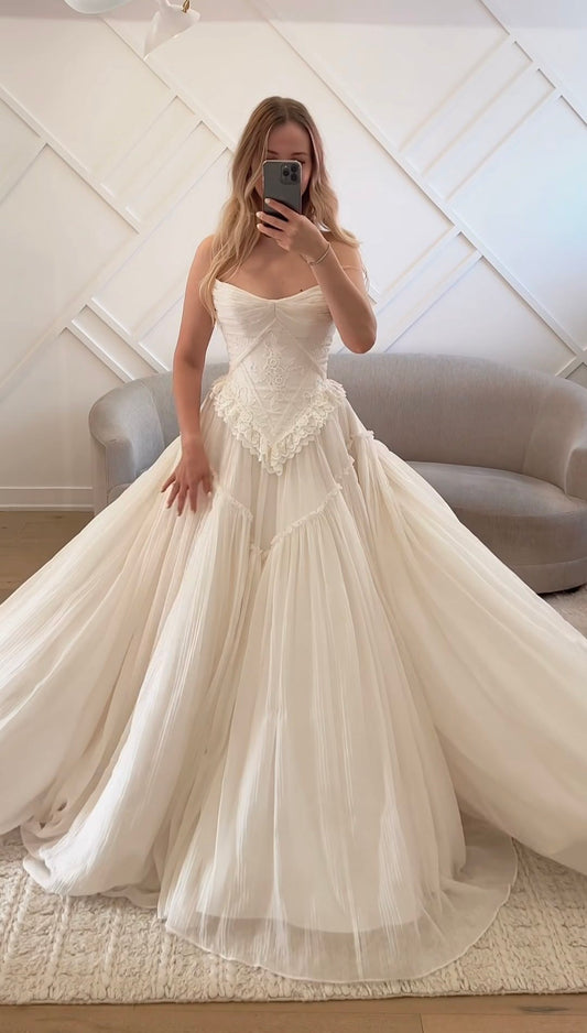 Ethereal A Line Strapless White Lace Chiffon Long Wedding Dress SH8721