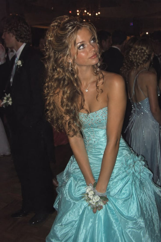 Vintage A Line Strapless Beaded Pleated Organza Long Prom Dress Evening Dress SH8338