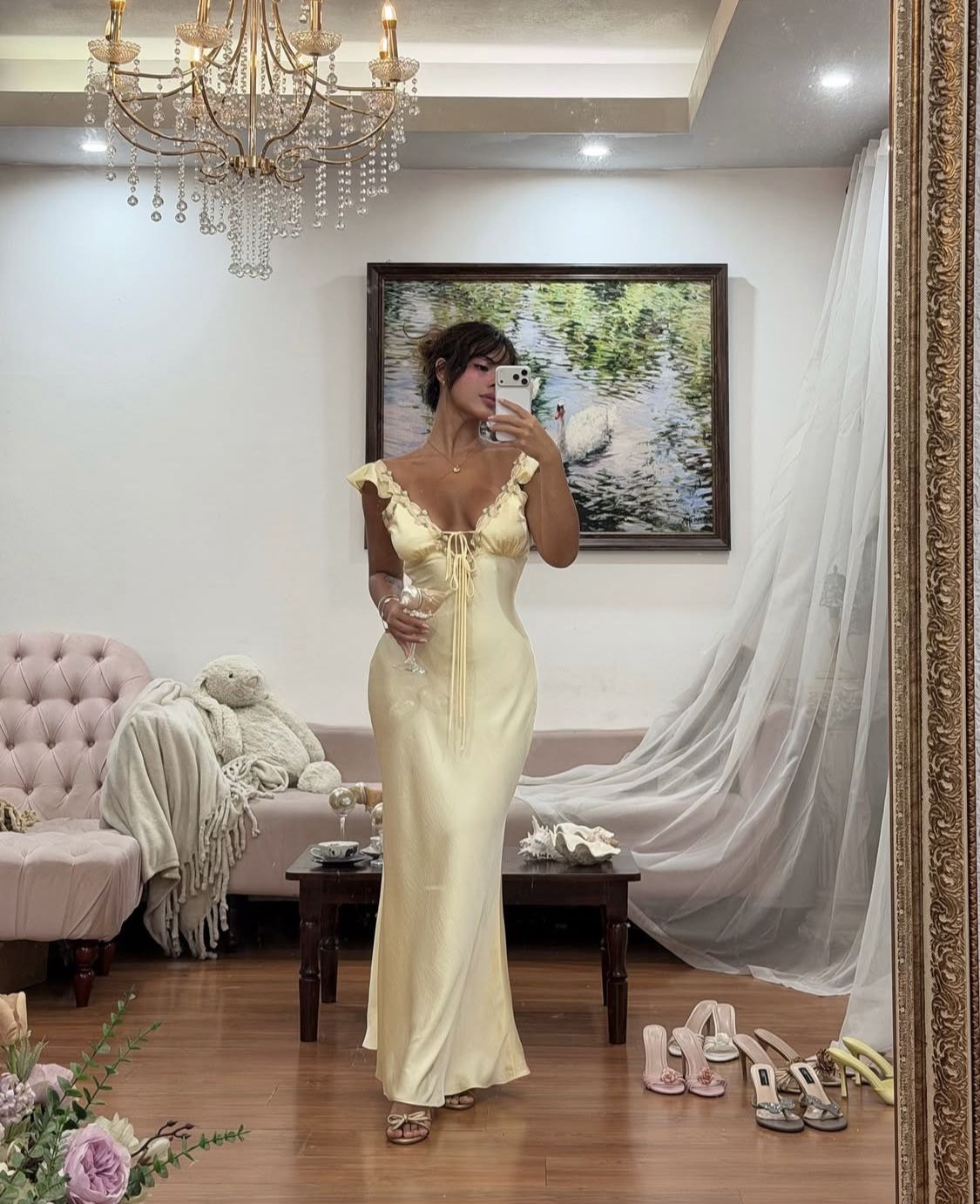 Sexy Yellow Mermaid V Neck Satin Prom Dress Evening Dress Date Dress SH5596