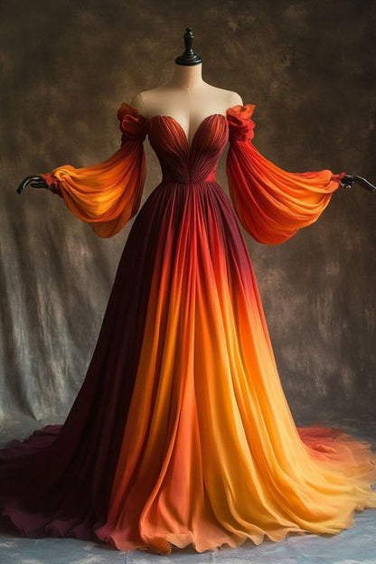 Unique A Line Long Sleeve Orange Ombre Chiffon Prom Dress Evening Dres – shinydress