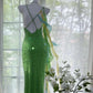 Shiny Sheath Spaghetti Strap Sequin Beaded Green Chiffon Open Back Party Dress Evening Dress SH2874