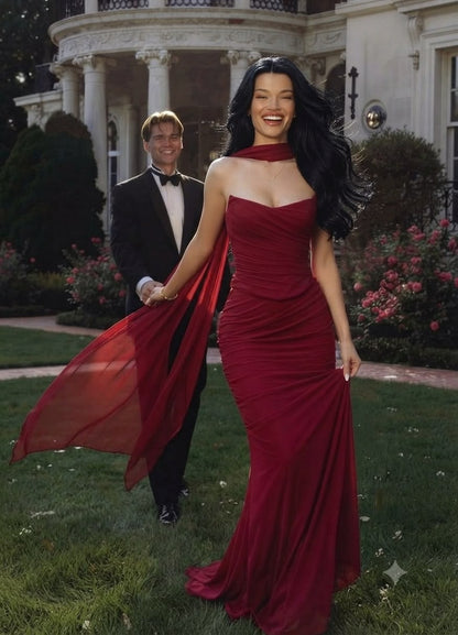 Sexy Burgundy Sheath Strapless Chiffon Long Prom Dress Evening Dress SH7570