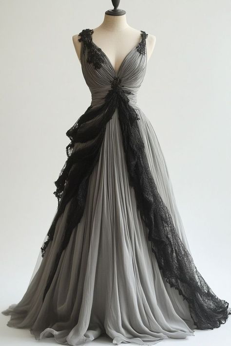 Grey A Line V Neck Black Appliques Lace Chiffon Prom Dress Evening Dress SH2422