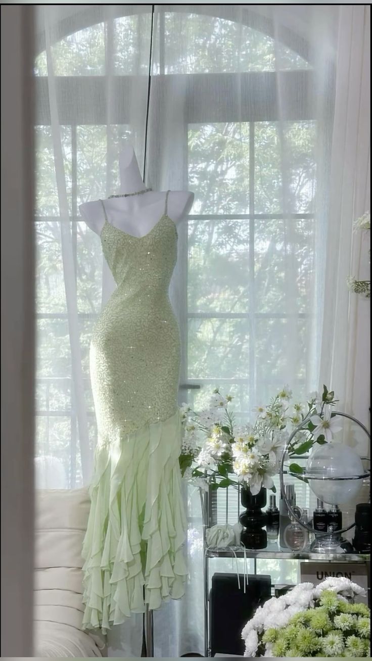 Mint Green Mermaid Spaghetti Strap Beaded Ruffle Chiffon Party Dress E
